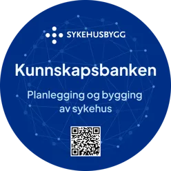 En blå sirkel med hvit tekst